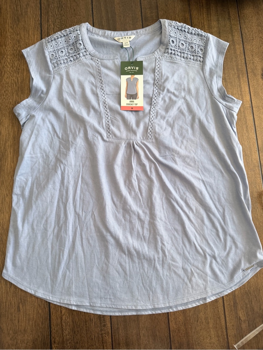 Orvis dusty Blue Crochet Yoke Cap Sleeve Top New with Tags size Medium
